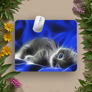 Electric Blue Glowing Cat Abstract Mouse Mat