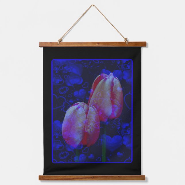 Electric Blue Hearts And Pink Tulips Floral Art Hanging Tapestry (Front)