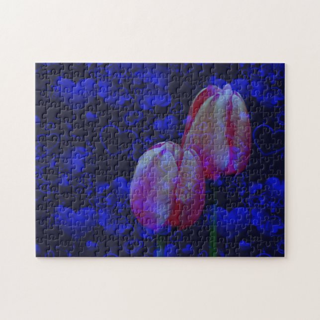 Electric Blue Hearts And Pink Tulips Floral Art Jigsaw Puzzle (Horizontal)