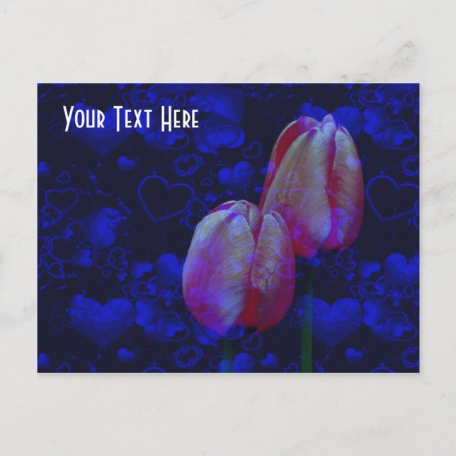 Electric Blue Hearts Pink Tulips Customisable Post Postcard (Front)