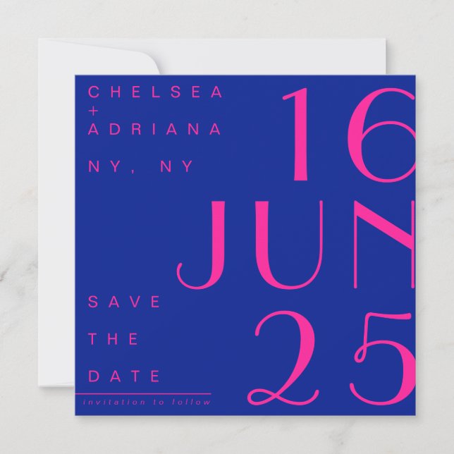Electric Blue Hot Pink Trendy Modern Save the Date Invitation (Front)