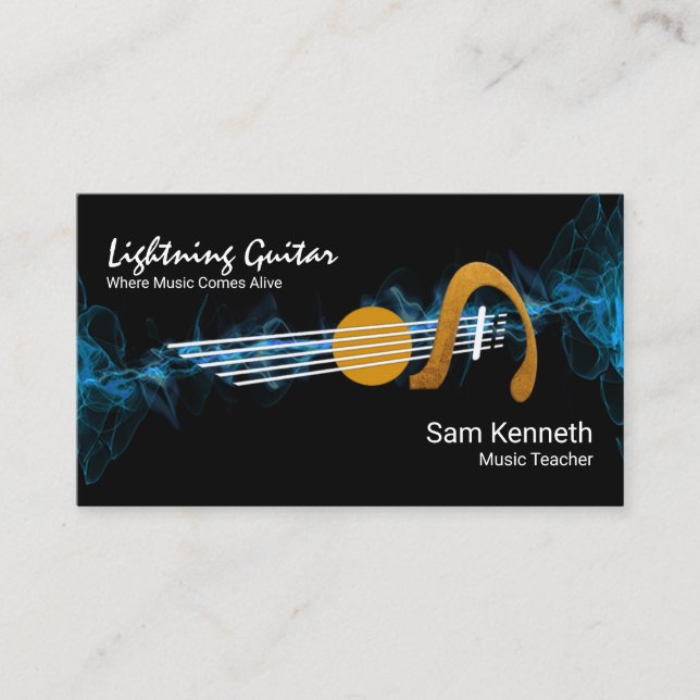 Electric Blue Lightning Guitar Music Teacher Business Card (Front)