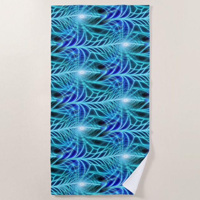 Electric Blue Luminous Fractal Repeating Pattern Beach Towel (Front)