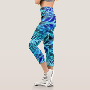 Electric Blue Luminous Fractal Repeating Pattern Capri Leggings