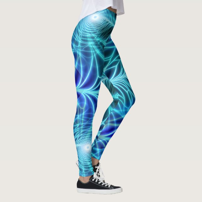 Electric Blue Luminous Fractal Repeating Pattern Leggings (Right)