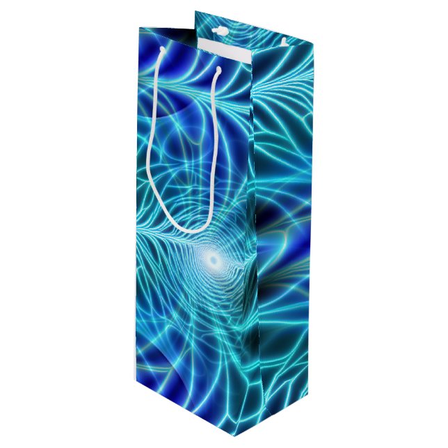 Electric Blue Luminous Fractal Repeating Pattern Wine Gift Bag (Front Angled)