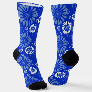 Electric Blue Modern Floral Print Socks