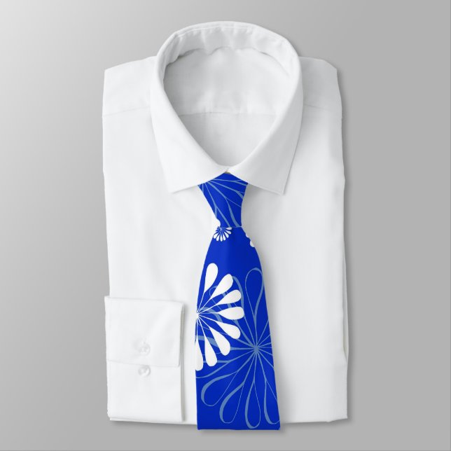 Electric Blue Modern Floral Print Tie (Tied)