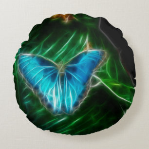 Electric Blue Morpho Butterfly Fractal Round Cushion