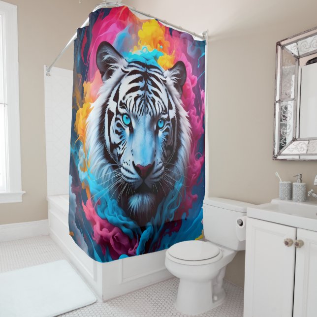Electric Blue Neon Snow Tiger Portrait  Shower Curtain (In Situ)