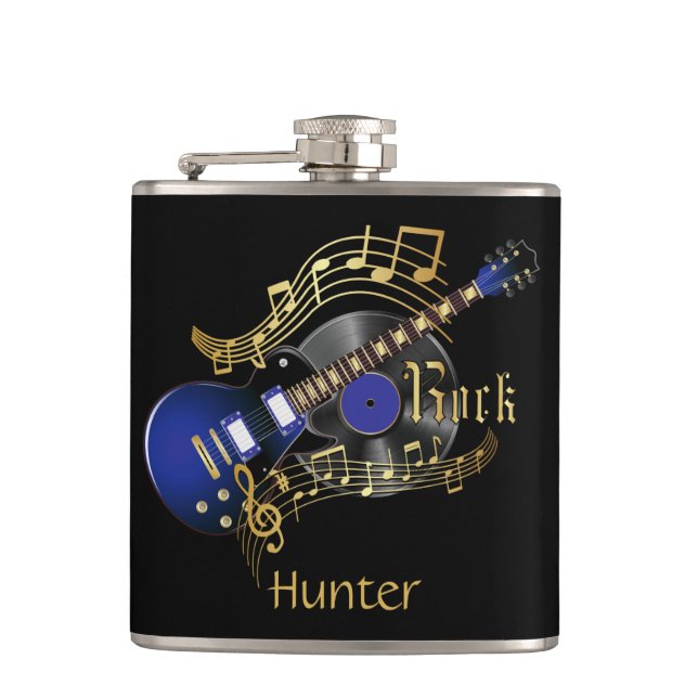 Electric Blue Rock Guitar - Black Hip Flask (Front)