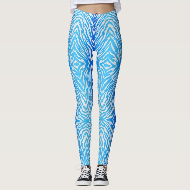 Electric Blue Tiger Stripes Animal Print Leggings (Front)