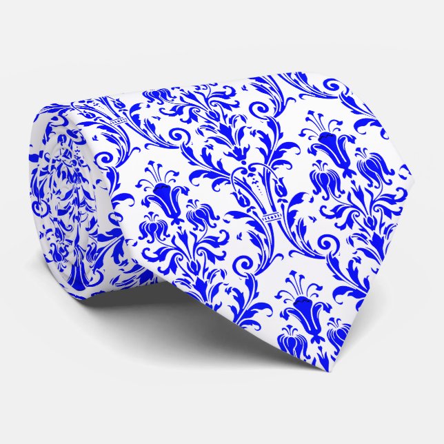 Electric Blue White Floral Damask Tie (Rolled)
