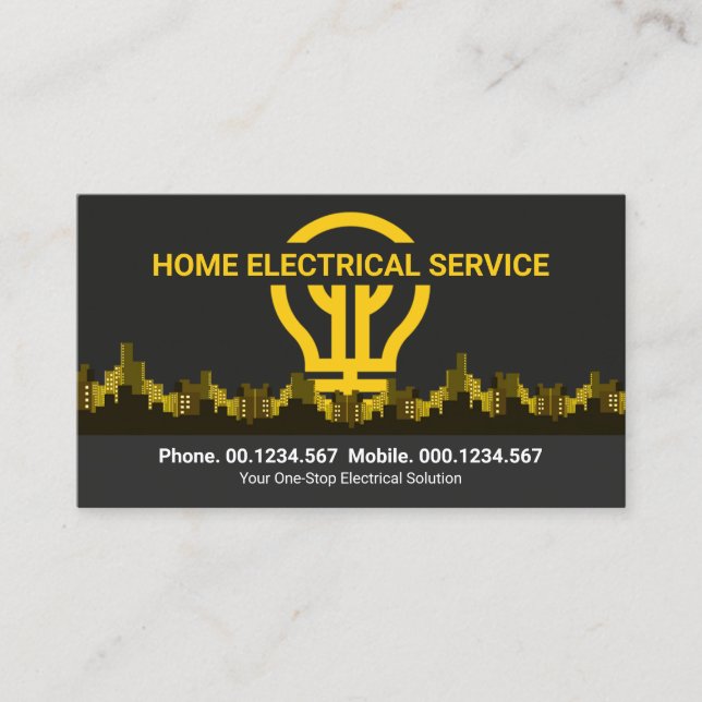 Electric Bulb Sun Dark City Skyline Electrician Business Card (Front)