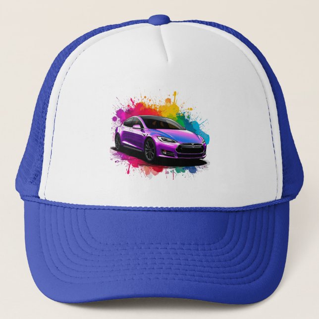 Electric Car with Vibrant Colour Splashes Trucker Hat (Front)
