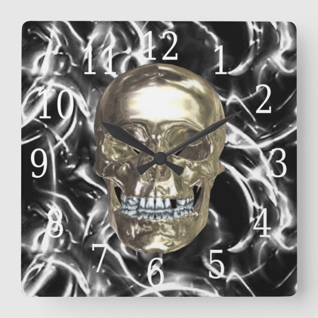 Electric Chrome Skull Square Clock (Front)