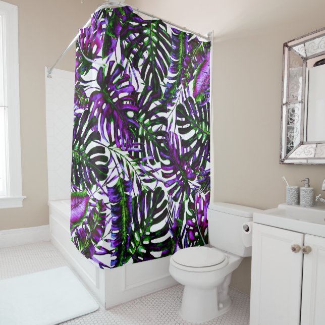 Electric Colour Pop Tropical Palm Leaves Island  Shower Curtain (In Situ)