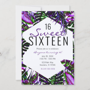 Electric Colour Pop Tropical Palm Leaves Sweet 16 Invitation