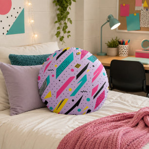 Electric Confetti Memphis Retro Lavender Geometric Round Cushion