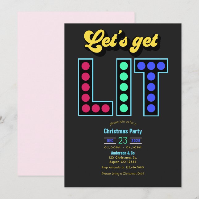 Electric Cranberry Get Lit Retro Christmas Party Invitation (Front/Back)