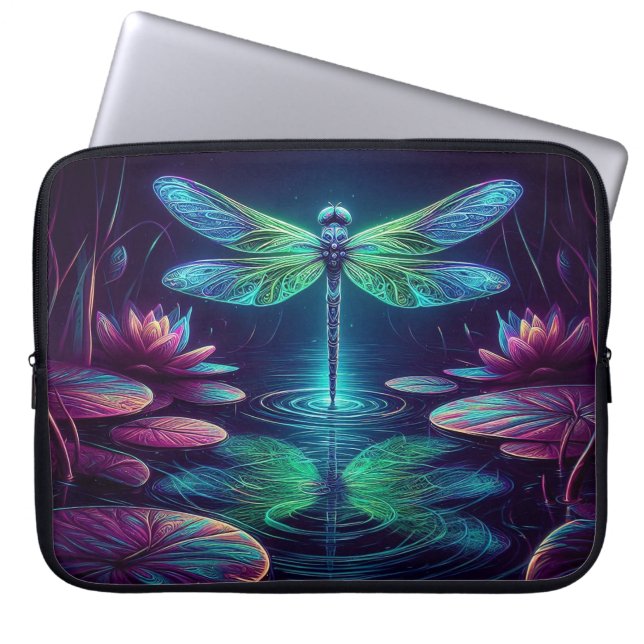 Electric Dragonfly, Eye-Catching Neon Animals Laptop Sleeve (Front)