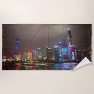 Electric Dreams - Futuristic Shanghai Skyline, A C Beach Towel