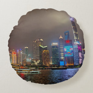 Electric Dreams - Futuristic Shanghai Skyline, A C Round Cushion