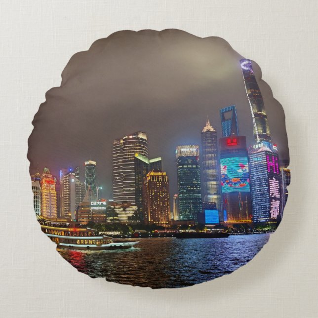 Electric Dreams - Futuristic Shanghai Skyline, A C Round Cushion (Front)