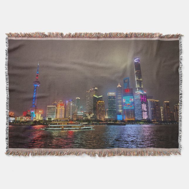Electric Dreams - Futuristic Shanghai Skyline, A C Throw Blanket (Front)