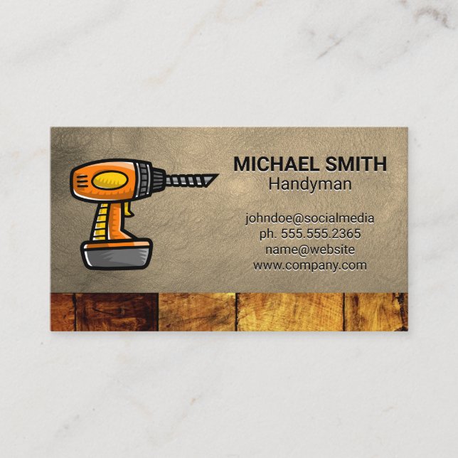 Electric Drill | Construction | Wood Leather Business Card (Front)