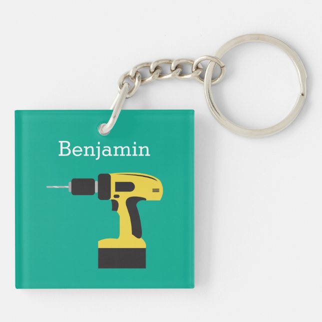 Electric Drill with Custom Name - Emerald Key Ring (Back)