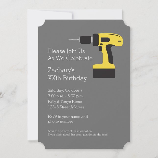 Electric Drill with Custom Name - Yellow and Grey Invitation (Front)
