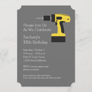 Electric Drill with Custom Name - Yellow and Grey Invitation