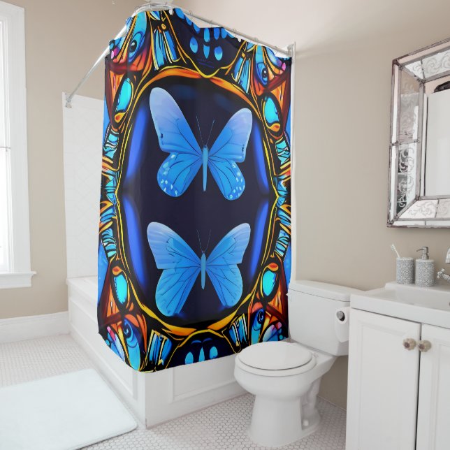 Electric Elegance: Neon Blue Butterflies Bathroom  Shower Curtain (In Situ)