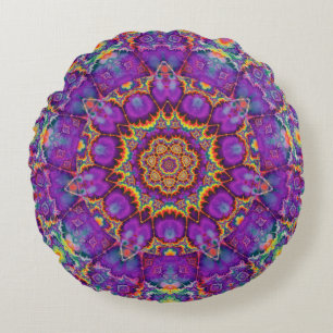 Electric Flower Purple Rainbow Kaleidoscope Art Round Cushion