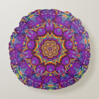 Electric Flower Purple Rainbow Kaleidoscope Art Round Cushion