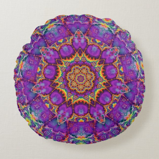 Electric Flower Purple Rainbow Kaleidoscope Art Round Cushion (Front)