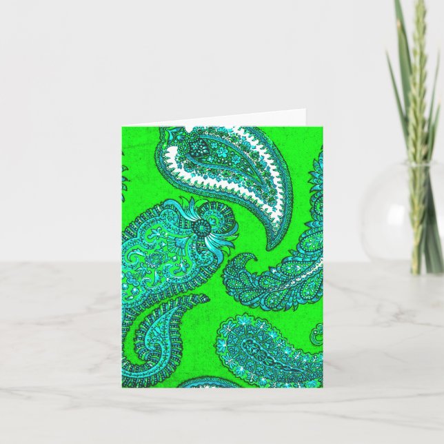 Electric Green & Aqua Paisley Note Cards (Front)