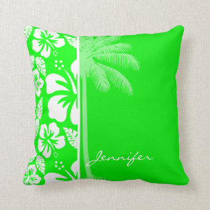 Electric Green Tropical Hibiscus; Palm Cushion