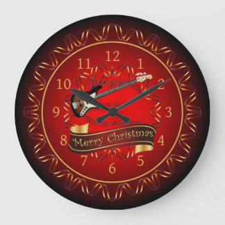 Electric Guitar 01, Merry Christmas, Maroon/Black Large Clock