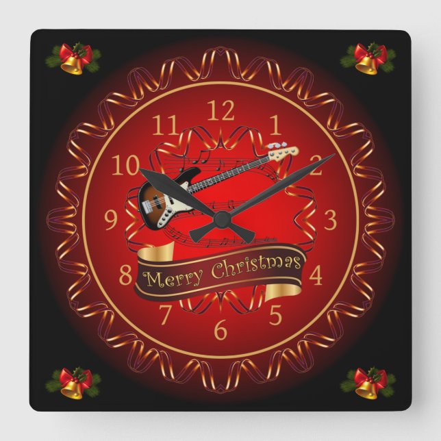 Electric Guitar 01, Merry Christmas, Maroon/Black  Square Wall Clock (Front)