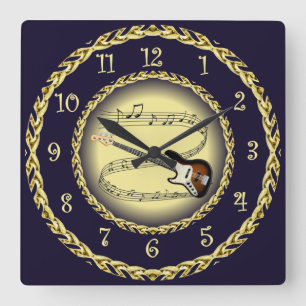 Electric Guitar 01 ~ Musical Scroll/Gold/Navy Blue Square Wall Clock
