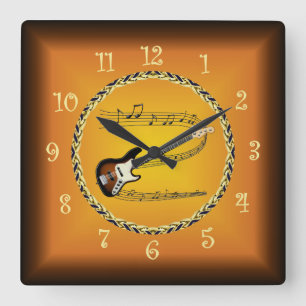 Electric Guitar 01 Musical Scroll & Russet Orange~ Square Wall Clock