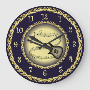 Electric Guitar 02 ~ Musical Scroll/Gold/Navy/Blue Large Clock