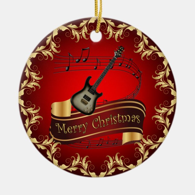 Electric Guitar 02-Musical Scroll-Merry Christmas~ Ceramic Tree Decoration (Front)