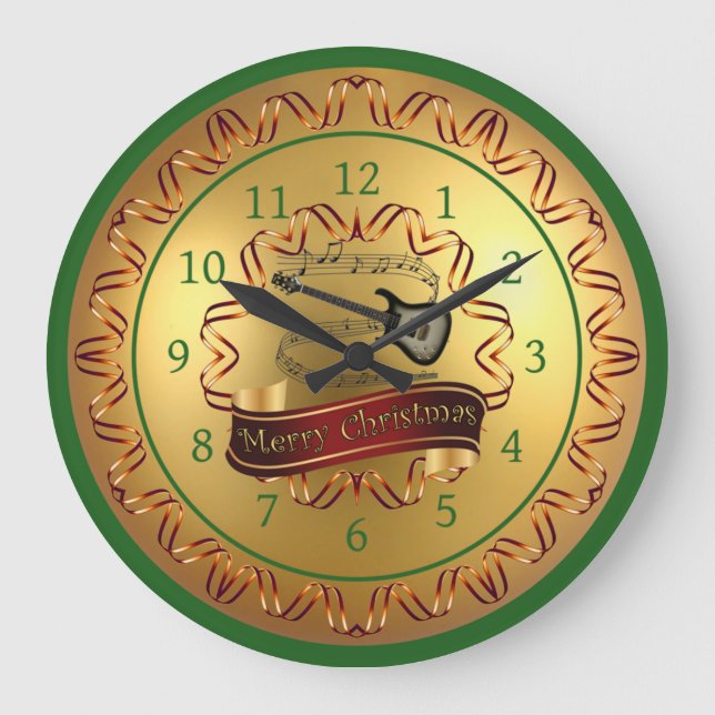 Electric Guitar 02-Musical Scroll-Merry Christmas- Large Clock (Front)
