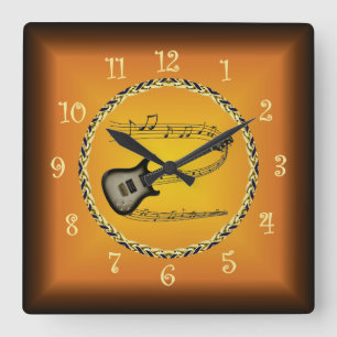 Electric Guitar 02 Musical Scroll & Russet Orange Square Wall Clock