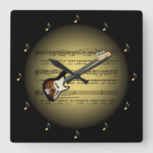 Electric Guitar 3-D Gold Globe ~ Sheet Music ~ BL Square Wall Clock