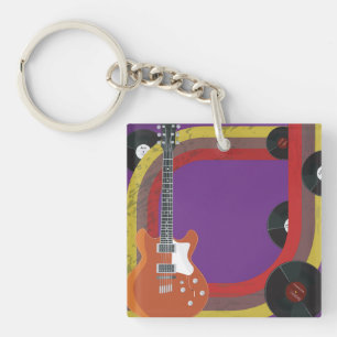 Electric Guitar and Vinyl Records Vintage Music Key Ring