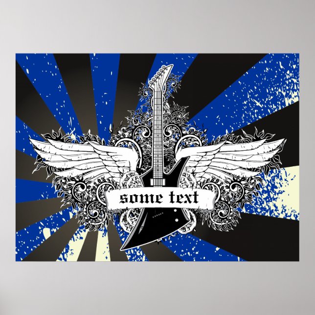 Electric guitar and wings black white blue poster (Front)